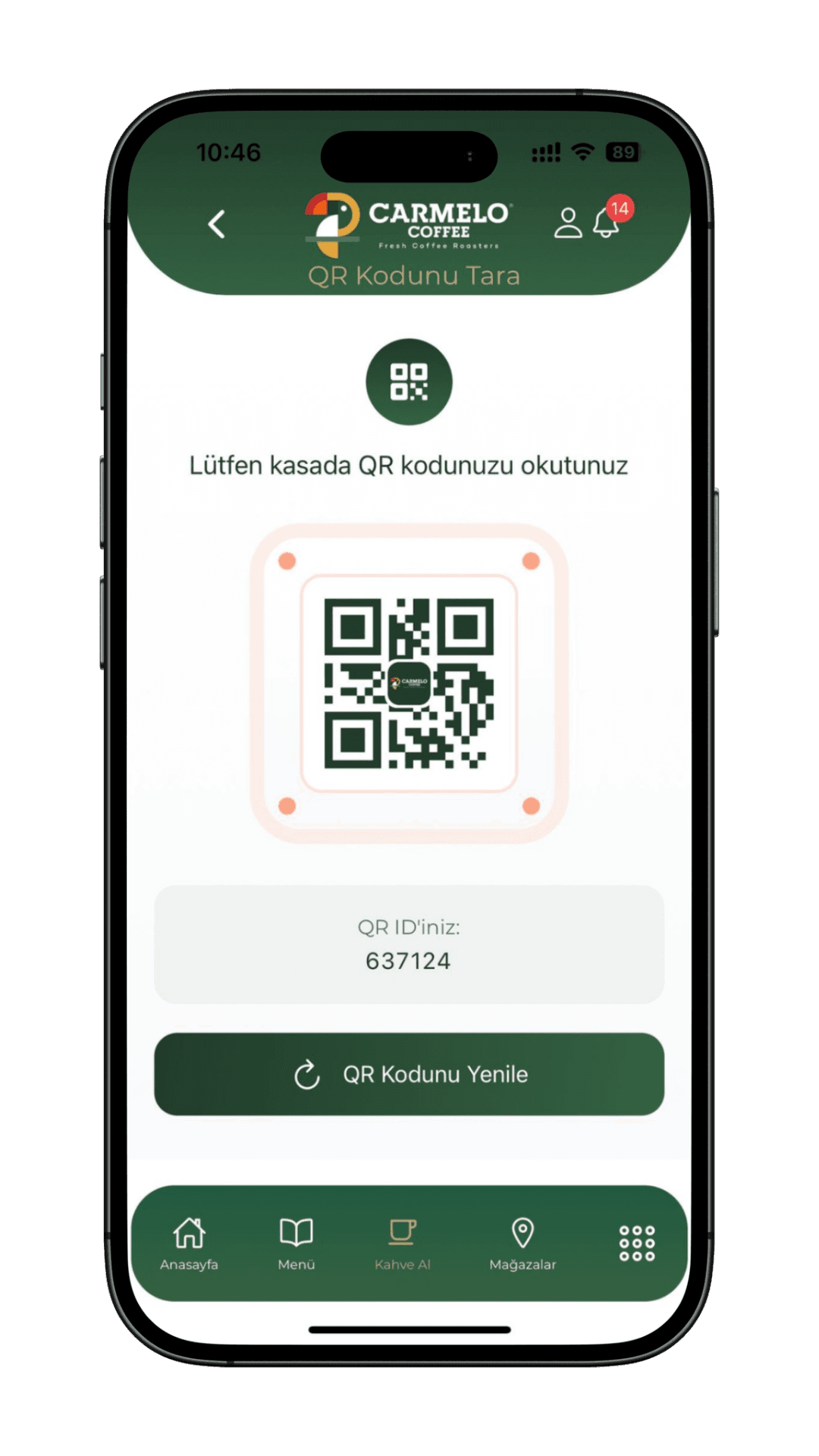 Markaya özel mobil uygulama örneği — Carmelo Coffee müşteri arayüzü
